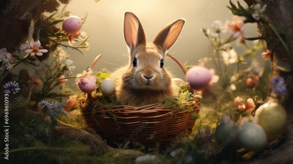 Poster a rabbit sitting in a basket in the middle of a field of flowers and grass with eggs all around it.