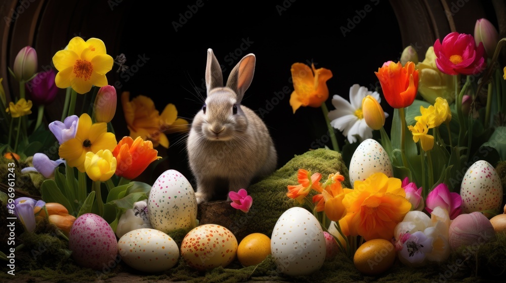 Poster a rabbit sitting in the middle of a field of flowers with eggs in the foreground and tulips and daff