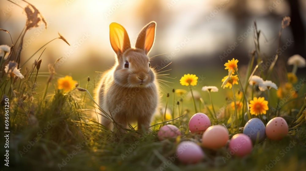Poster a rabbit sitting in a field of grass with eggs in front of it and daisies in the foreground.