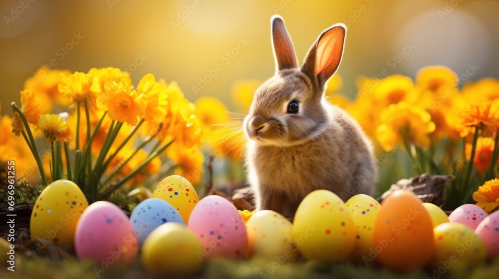 Poster a rabbit sitting in the middle of a field of flowers with easter eggs in the foreground and yellow d