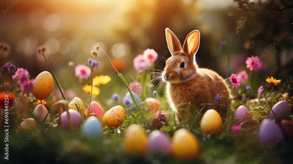 Aufkleber a rabbit sitting in the middle of a field of flowers and grass with a bunch of eggs in front of it.