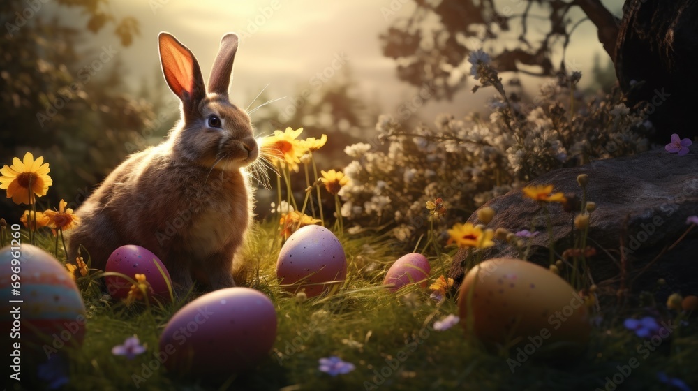 Poster a rabbit sitting in a field of flowers with easter eggs in the foreground and a tree in the backgrou