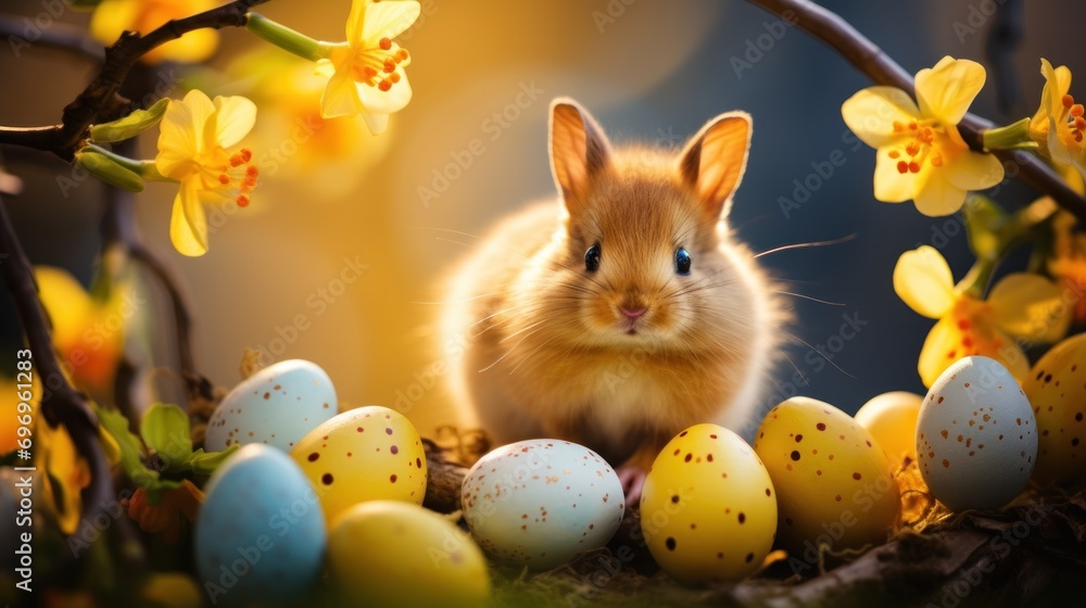 Poster a small rabbit sitting in a nest of eggs with yellow flowers and yellow daffodils in the background.