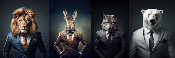 Anthropomorphic realistic realistic lion, hare, wolf, polar bear director, boss in elegant business suit, white shirt tie. Large portrait on dark background. Fantastic business concept.  - obrazy, fototapety, plakaty