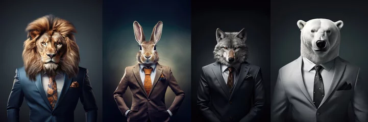 Tuinposter Anthropomorphic realistic realistic lion, hare, wolf, polar bear director, boss in elegant business suit, white shirt tie. Large portrait on dark background. Fantastic business concept.  © Irina
