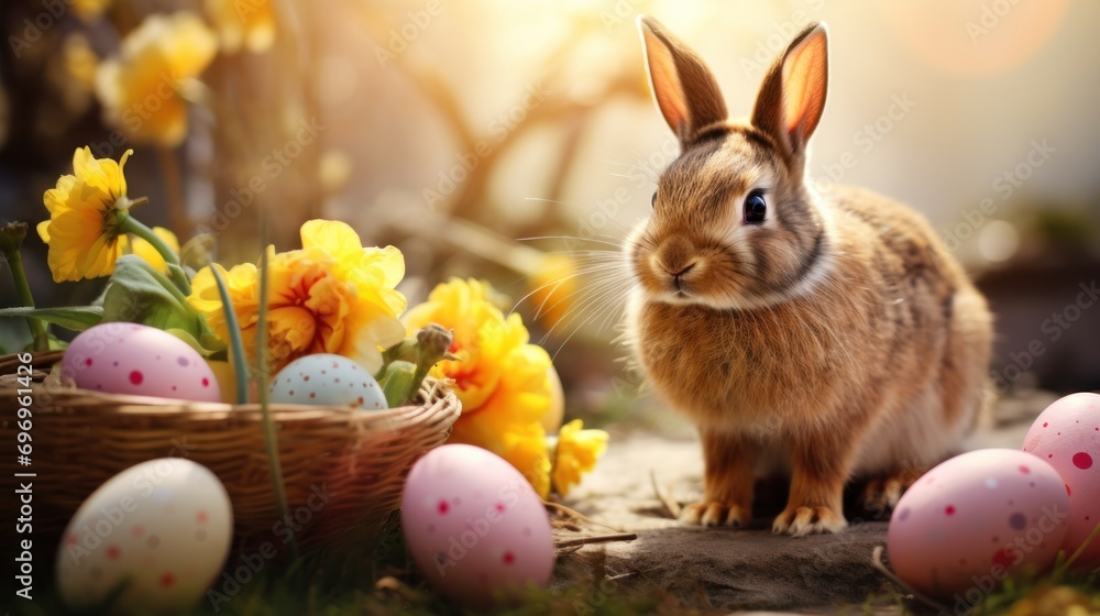 Poster a rabbit sitting next to a basket of eggs and daffodils in a field of daffodils.