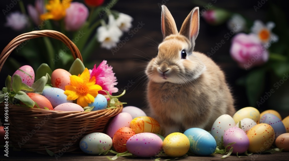 Poster a rabbit sitting in front of a basket of eggs with flowers and tulips on the ground in front of it.