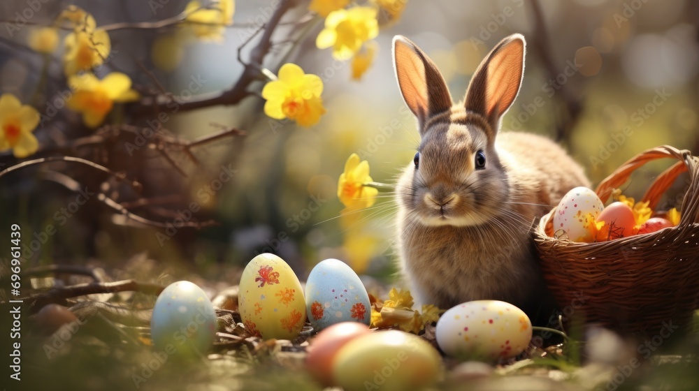 Poster a rabbit sitting in the grass next to a basket of eggs and daffodils in front of a tree.