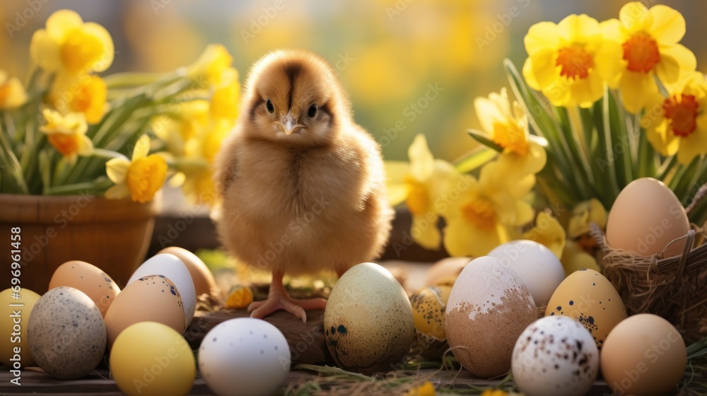 Poster a small chicken standing next to a bunch of eggs and daffodils in front of a basket of daffodils.