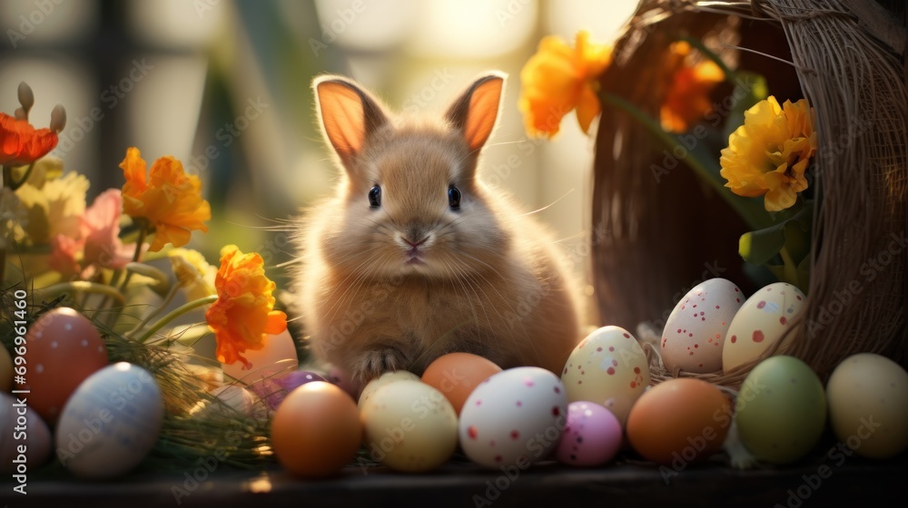 Poster a small rabbit sitting in front of a basket of eggs and daffodils with flowers in the background.