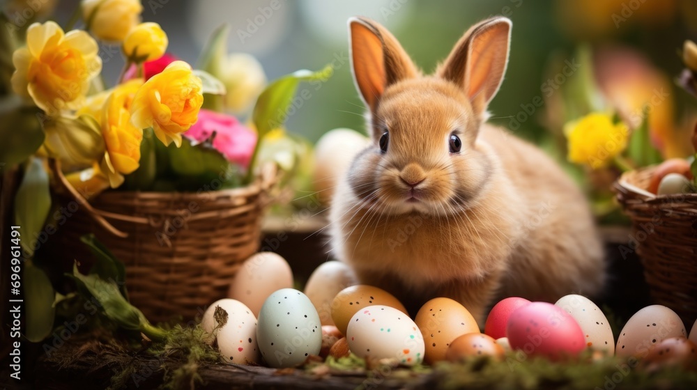 Poster a rabbit sitting in a basket surrounded by easter eggs and daffodils in front of tulips and daffodil