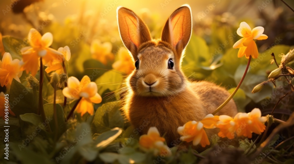 Aufkleber a close up of a rabbit in a field of flowers with the sun shining through the clouds in the backgrou