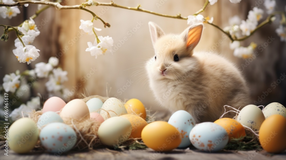 Poster a small rabbit sitting in front of a bunch of eggs on a table next to a branch with white flowers.