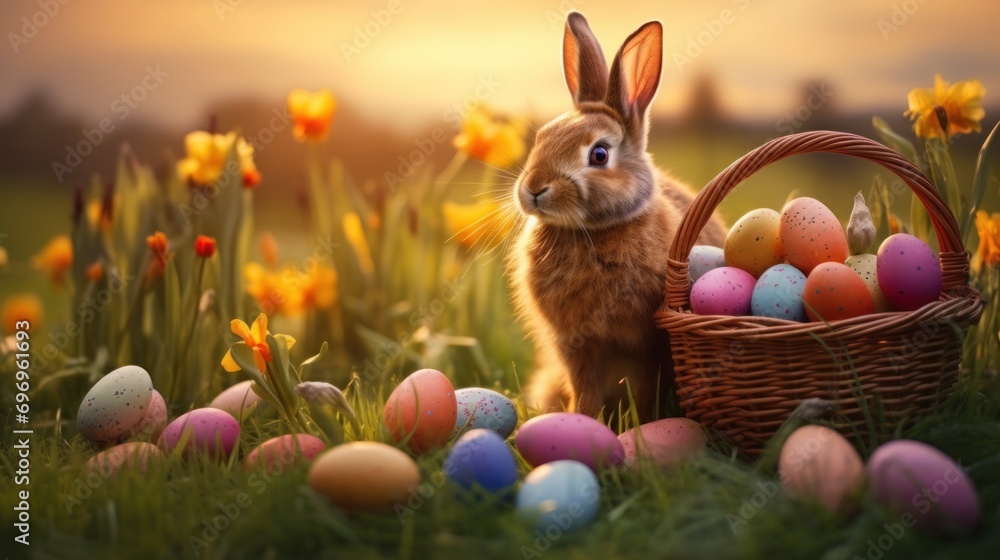 Poster a rabbit sitting in the grass next to a basket full of eggs with daffodils in the background.
