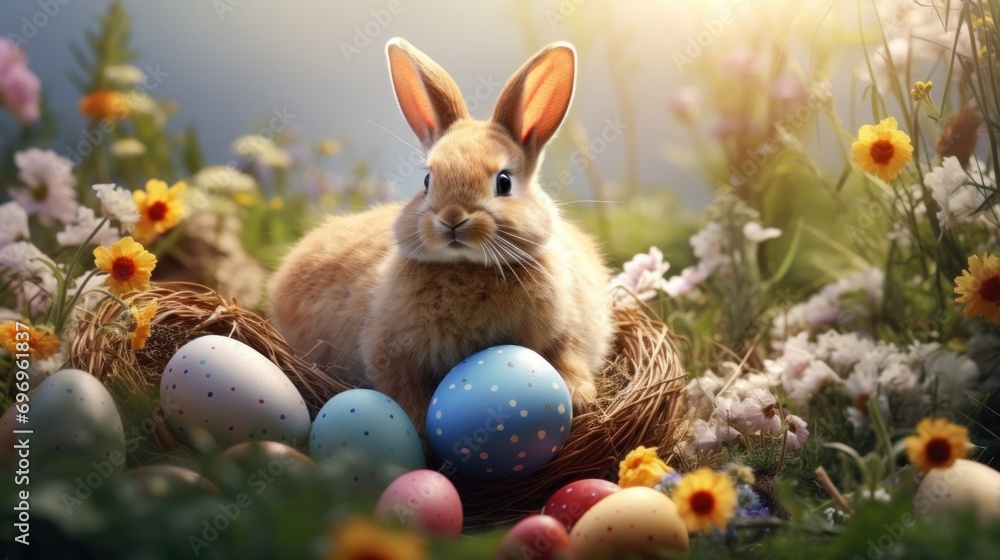Poster a rabbit is sitting in a nest with eggs in a field of daisies and daisies with daisies in the backgr