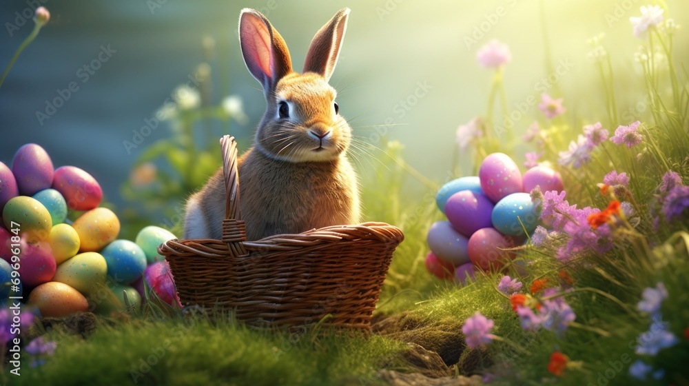 Aufkleber a rabbit sitting in a basket in a field of grass with eggs in the grass and flowers in the backgroun