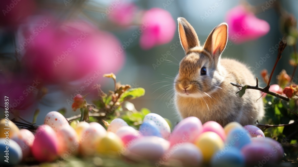 Poster a rabbit sitting in the middle of a field of easter eggs in front of a tree with pink flowers in the