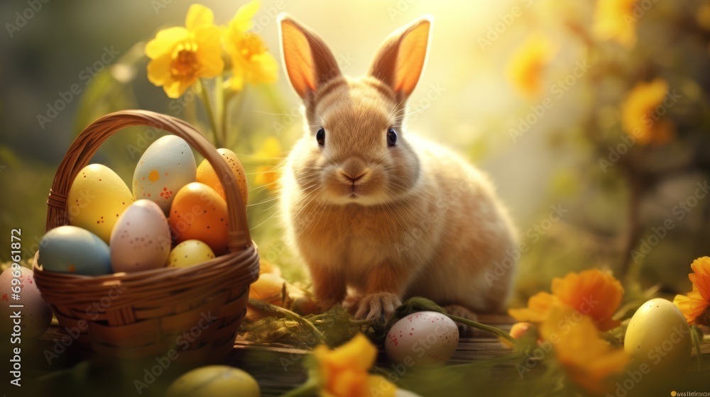 Aufkleber a rabbit sitting in the grass next to a basket of eggs and daffodils in a field of daffodils.