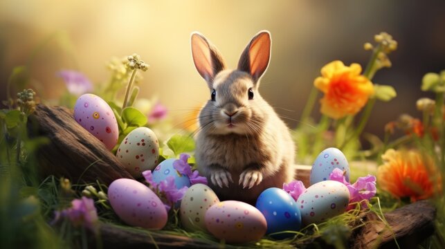  a rabbit is sitting in a basket full of easter eggs in a field of wildflowers and daffodils.