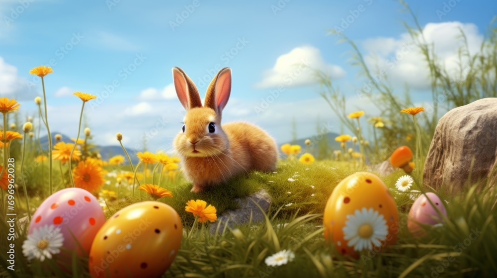 Poster a rabbit is sitting in a field of grass with eggs in the foreground and daisies in the background.