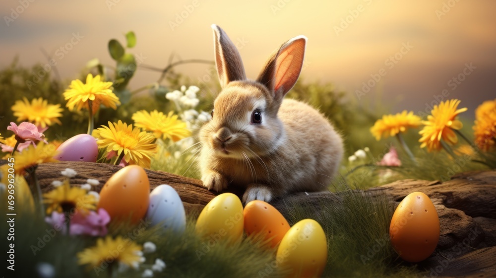 Poster a rabbit sitting on a log in a field of flowers with eggs in the grass and daisies in the foreground