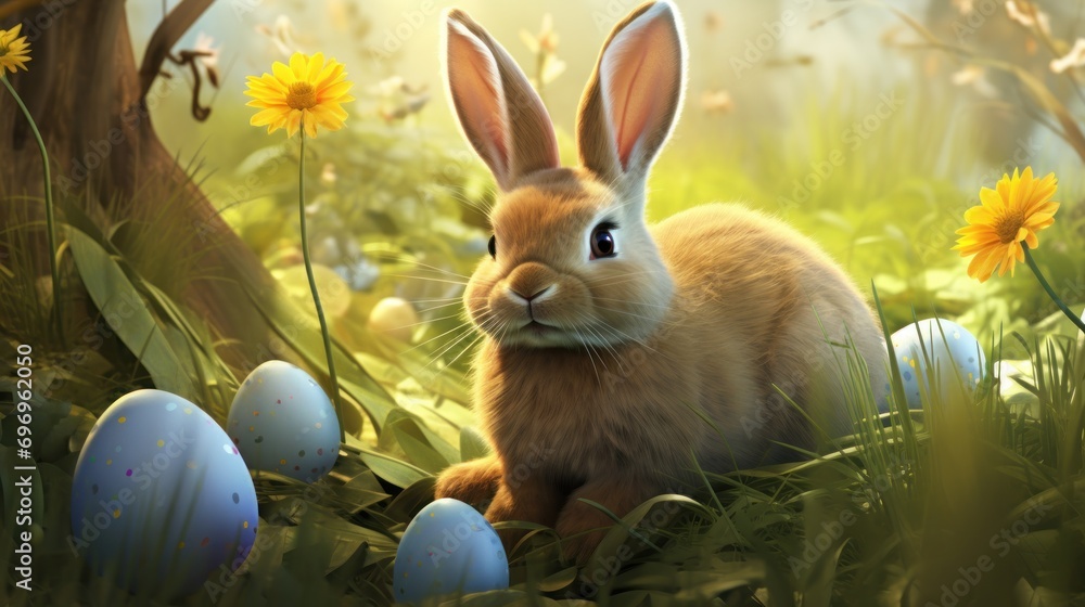 Poster a painting of a rabbit sitting in the grass with eggs in the foreground and a tree in the background