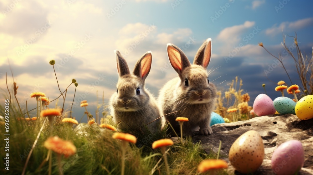Aufkleber two rabbits sitting next to each other in a field of flowers and grass with eggs in the foreground a