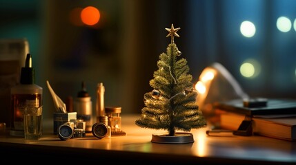 miniature Christmas tree on a desk - decoration on a work desk 