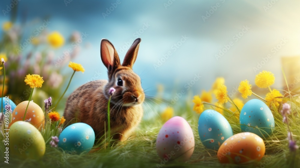 Poster a rabbit sitting in a field of grass with easter eggs in the foreground and daisies in the backgroun