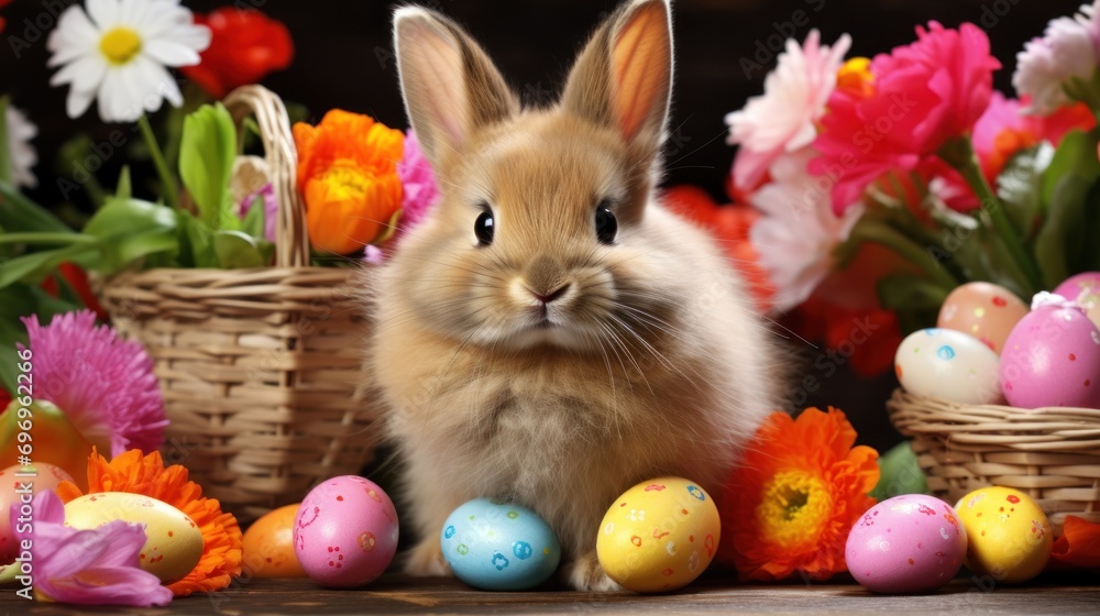 Poster a small rabbit sitting in front of a basket of flowers and easter eggs in front of a basket of flowe
