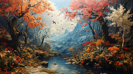 Hintergrund - Herbstlandschaft mi bunten Bäumen - obrazy, fototapety, plakaty