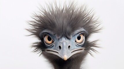 an emu chick, capturing its adorable features and fluffy feathers, set against a pure white background for a visually striking composition.