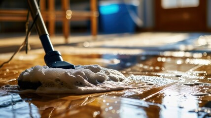 Floor Cleaning with Mop and Cleanser Foam on Parquet Floor - obrazy, fototapety, plakaty
