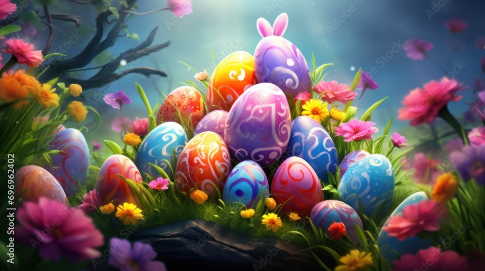 Aufkleber a painting of a bunch of eggs with numbers painted on them in a field of flowers and grass with a tr