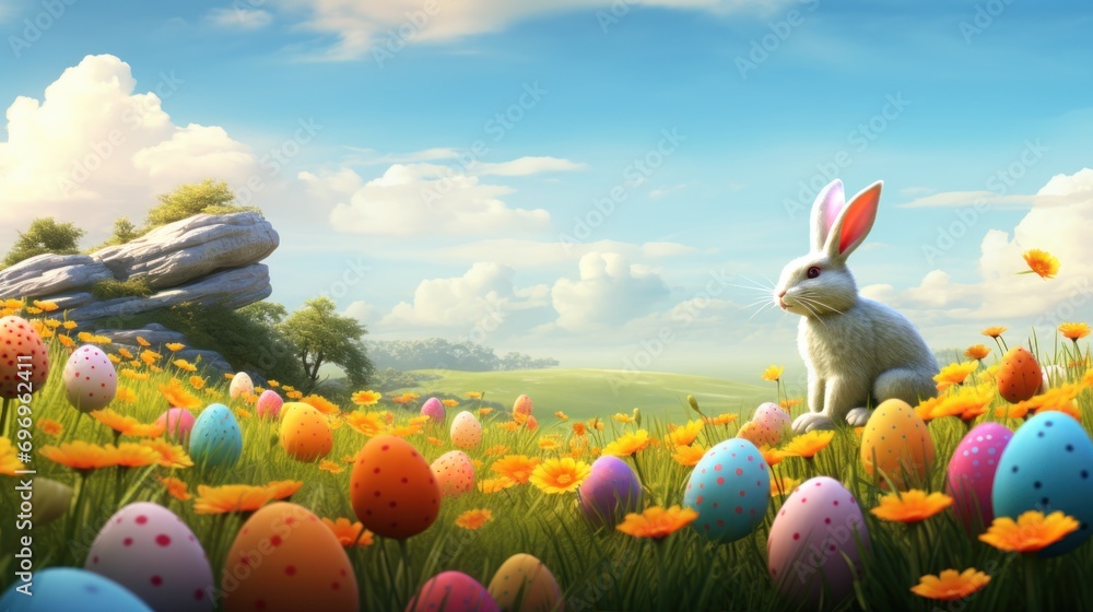 Poster a rabbit sitting in the middle of a field of flowers with eggs in the foreground and a rock in the b