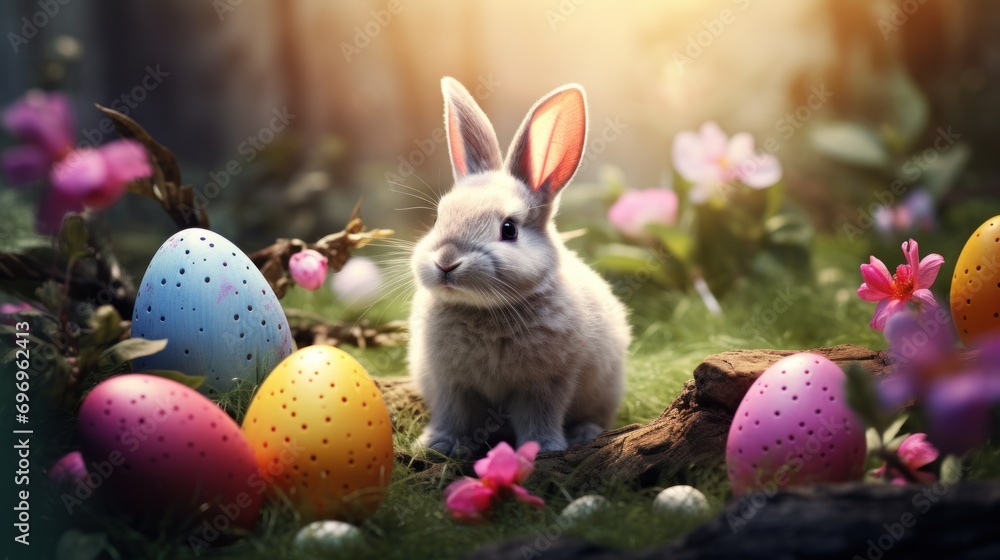 Poster a rabbit sitting in the middle of a field of grass with easter eggs in the foreground and flowers in