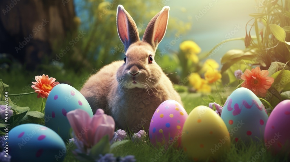 Poster a rabbit is sitting in a field of flowers and eggs with an orange flower in the foreground and a tre