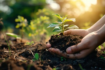 Obraz premium Earth Day Image: Human Hand Holding Soil with Green Plant