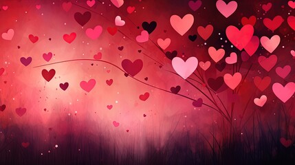 valentine's day background illustration with numerous hearts a red background with pink, dark red and dark pink doodles in the style of romantic landscape, sparse backgrounds