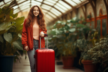 happy woman in tourist clothes jeans with travel red suitcase
