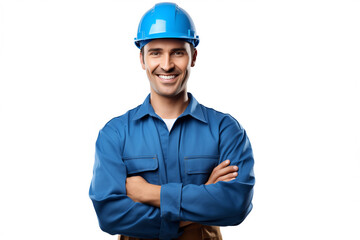 smiling male worker in blue helmet, arms crossed on his chest, isolated on white background