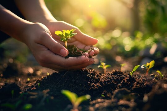 Earth Day Image: Human Hand Holding Soil with Green Plant