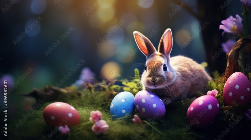 Poster a rabbit sitting in the middle of a field of grass with easter eggs in the foreground and flowers in