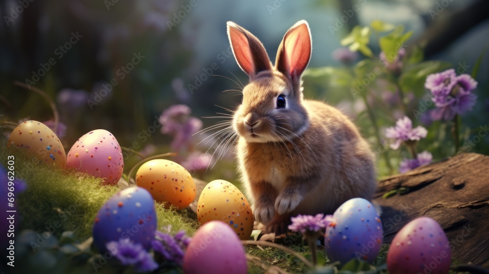 Poster a rabbit sitting in the middle of a field of grass with easter eggs in the foreground and flowers in