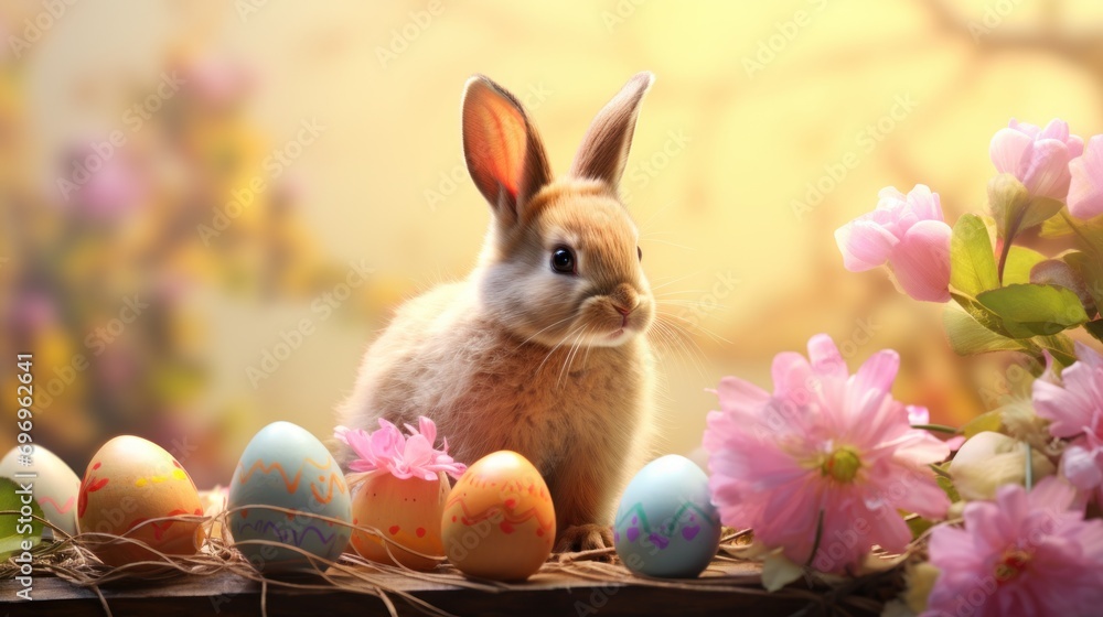 Poster a rabbit sitting in the middle of a group of eggs with pink flowers in the foreground and a backgrou