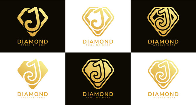 Set of diamond logos with initial letter J. These logos combine letters and rounded diamond shapes using gold gradation colors. Suitable for diamond shops, e-commerce