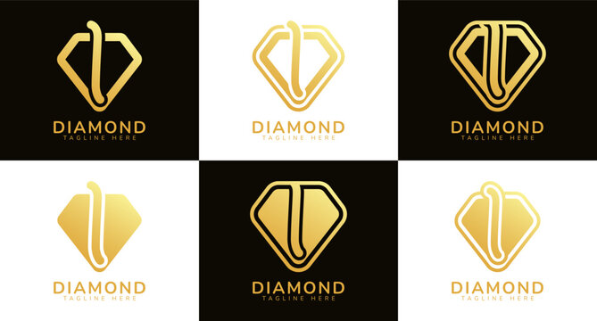 Set of diamond logos with initial letter I. These logos combine letters and rounded diamond shapes using gold gradation colors. Suitable for diamond shops, e-commerce