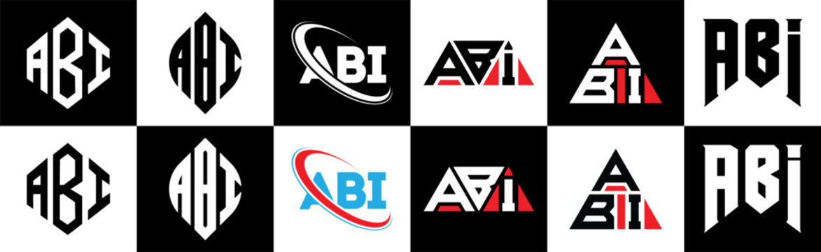ABI letter logo design in six style. ABI polygon, circle, triangle, hexagon, flat and simple style with black and white color variation letter logo set in one artboard. ABI minimalist and classic logo