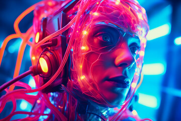 a young woman wearing neon headset of wires and neon lights