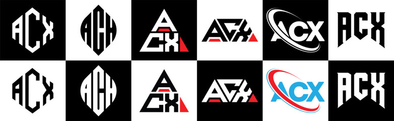 ACX letter logo design in six style. ACX polygon, circle, triangle, hexagon, flat and simple style with black and white color variation letter logo set in one artboard. ACX minimalist and classic logo